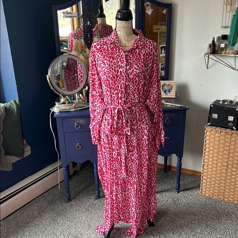 Pink Leopard Print Long Sleeve Dress
